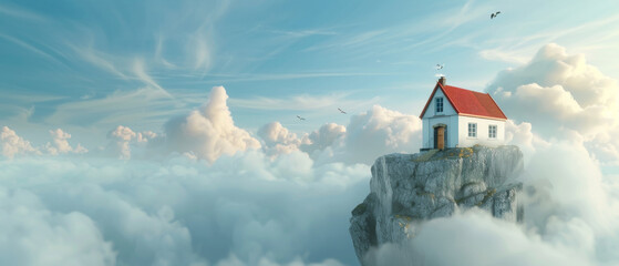 A cozy house with a red roof stands on a rocky cliff surrounded by a sea of clouds under a clear blue sky, creating a serene, dreamy atmosphere.