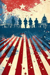 Patriotic illustration depicting soldiers and the Capitol building with American flag elements and a vintage feel.