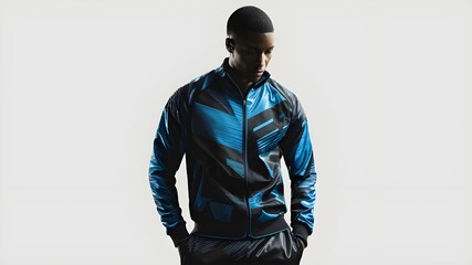 An adjustable blue and black athletic jacket in vector format set against a white backdrop
