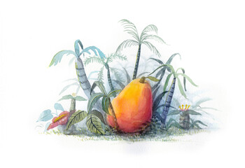 ジャングルの森に落ちている果物マンゴーの水彩イラスト