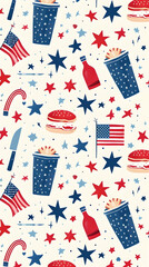 Obraz premium Seamless pattern with American flag, burger, beverage, and stars in patriotic colors, perfect for Independence Day designs and celebrations.