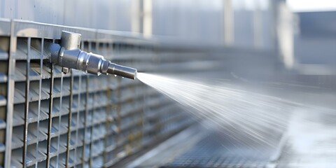 Closeup of adiabatic city cooling system nozzle spraying water for heat reduction. Concept Urban Sustainability, Cooling Technology, Adiabatic Systems, Water Conservation