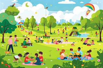 Vibrant park scene with families and children enjoying outdoor activities on a sunny day, featuring picnics, playground, and kite flying.
