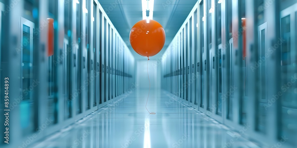 Poster brown balloon floating in the center of a hightech ai server room. concept technology, artificial in