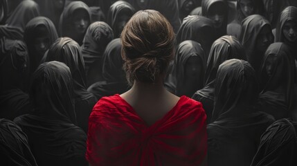 A woman in red was standing in the middle of a group of people in black.