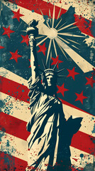 Vintage poster of the Statue of Liberty with a grunge effect, featuring red stars and bold stripes, representing American freedom and patriotism.