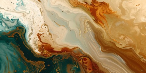 Abstract image with swirling patterns in green, beige, and orange hues, resembling fluid acrylic art.