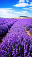 Extensive lavender field in bloom with purple tones and a clear blue sky