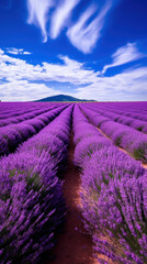 Extensive lavender field in bloom with purple tones and a clear blue sky