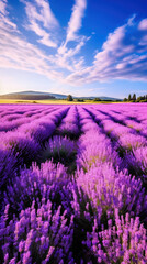 Extensive lavender field in bloom with purple tones and a clear blue sky