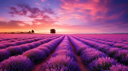 Extensive lavender field in bloom with purple tones and a clear blue sky