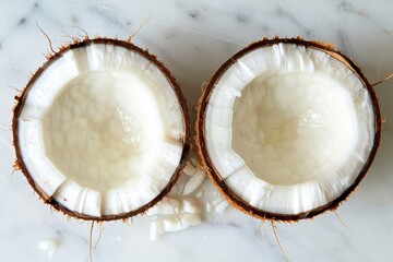 Close-up of two halved coconuts on a marble surface with fresh coconut water and white flesh visible.