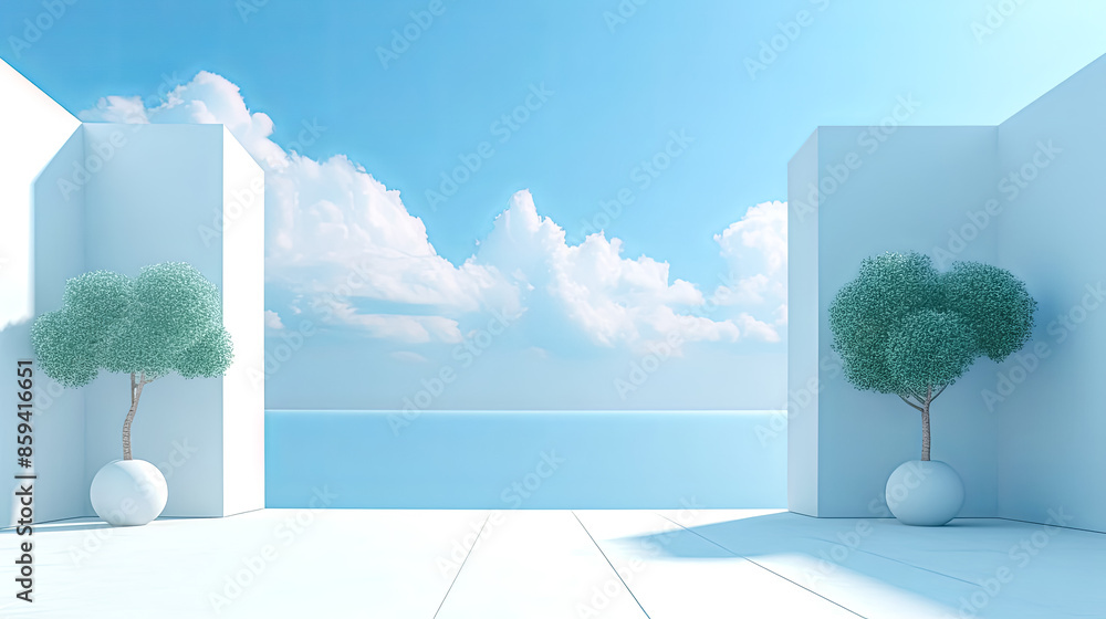 Poster a white building with two trees in front of it and a blue sky in the background