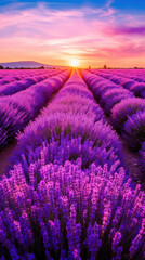 Extensive lavender field in bloom with purple tones and a clear blue sky