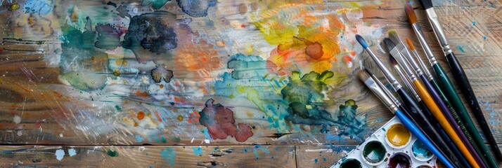 An overhead view of a watercolor palette and paintbrushes on a wooden table, showing the vibrant colors of the paints and the creative tools of an artist