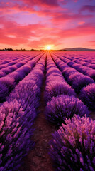 Extensive lavender field in bloom with purple tones and a clear blue sky