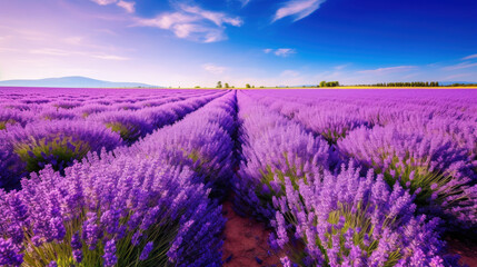 Extensive lavender field in bloom with purple tones and a clear blue sky