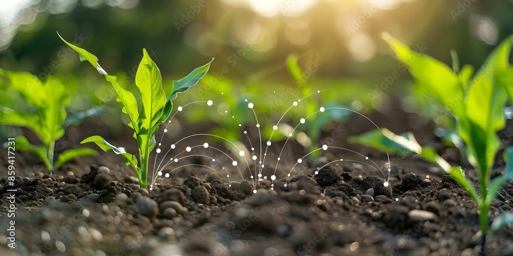 Poster smart sensors in farm field soil gather data to optimize irrigation and fertilization. concept agric
