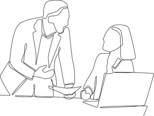 One continuous line drawing of the managerial inquires about the results of the projects. Business training concept. Trendy single line draw