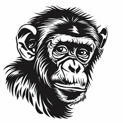 A black and white drawing of a chimpanzee 's face