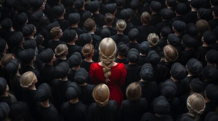 Fototapeta premium A woman in red was standing in the middle of a group of people in black.