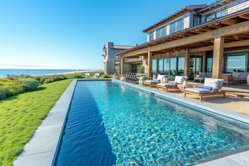 Nantucket-Inspired Outdoor Pool and Lounge Area with Blue Sky and Ocean View, Surrounded by Green Hedges and Blooming Purple Flowers