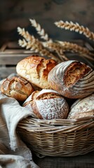 Basket of assorted artisan breads with wheat stalks in the background, rustic bakery concept
