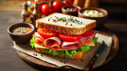 Sandwich bread with salami, smoked meat, cucumber, onion, lettuce and tomato