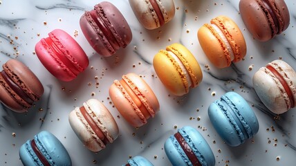 Assorted Colorful French Macarons Arranged on a White Marble Surface with Sprinkled Gold Flakes, Capturing the Elegance and Delight of Gourmet Pastrymacarons