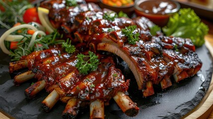 Close-up of deliciously glazed, tender barbecue ribs served with fresh vegetables, perfect for any meal or barbecue event.