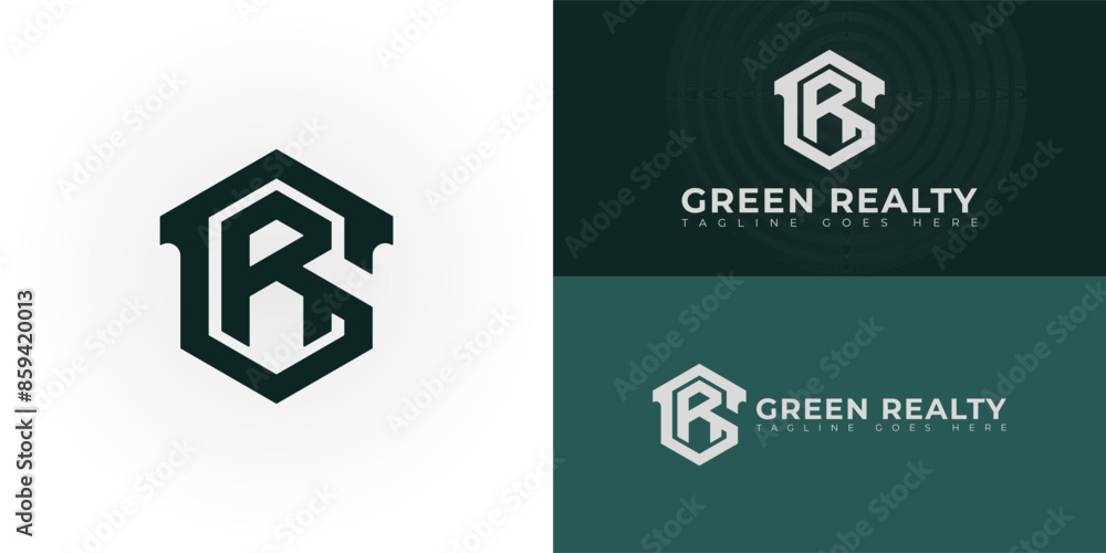 Poster abstract initial hexagon letters gr or rg logo in green color isolated on multiple background colors