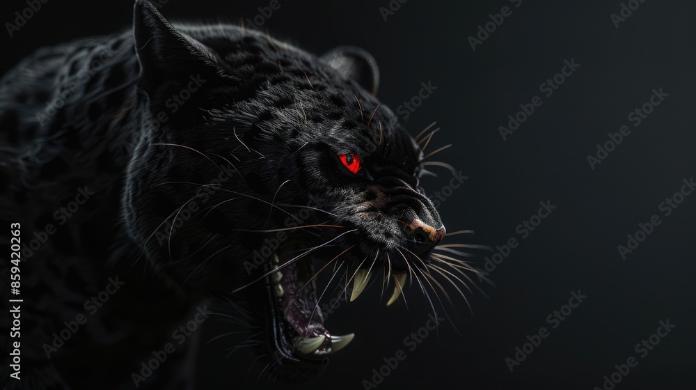 Poster a close-up image of a black leopard's face with its mouth open, showcasing its distinctive features