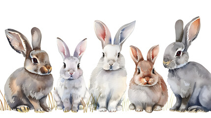 Collection of cute rabbits watercolor isolated on a white background