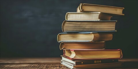 Stack of numerous books on a table. Concept education, reading, knowledge, intelligence, studying