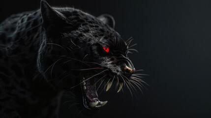 Naklejka premium A close-up image of a black leopard's face with its mouth open, showcasing its distinctive features