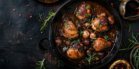 French dish coq au vin chicken braised in red wine. Concept French dish, Coq au Vin, Chicken recipe, Red wine braised, Traditional cuisine