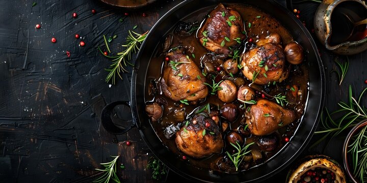 French dish coq au vin chicken braised in red wine. Concept French dish, Coq au Vin, Chicken recipe, Red wine braised, Traditional cuisine