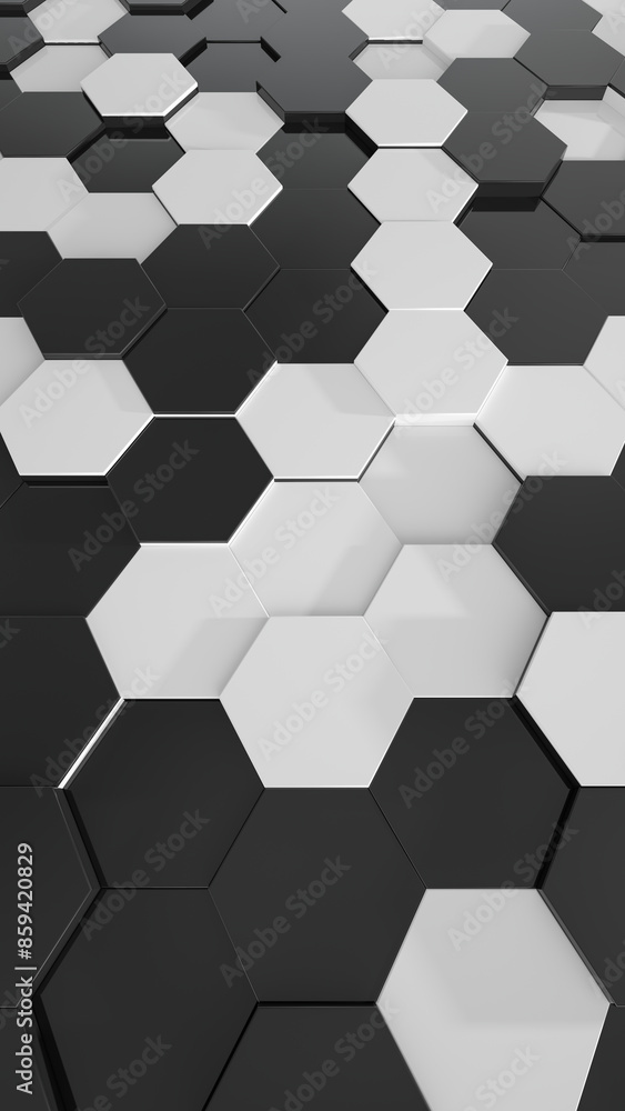Poster 3d abstract black and white vertical background. abstract dark hexagon mosaic wall. 3d rendering ill