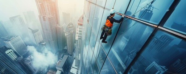 Professional climber on rope is cleaning glass on skyscraper, panorama banner. Generative AI.