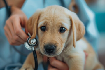 A dog is being examined by a veterinarian.