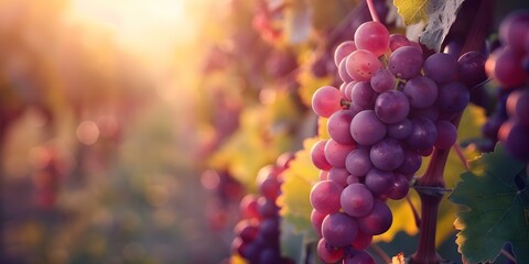 Sunset in Tuscany vineyard with ripe grapes charming morning light on vines. Concept Sunset Photography, Tuscany Vineyard, Ripe Grapes, Morning Light, Charming Vines