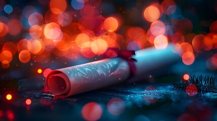 A gently blurred environment illuminated by radiant, multicolored bokeh lights, with a detailed close-up of a diploma scroll. conveys a sense of accomplishment and celebration.