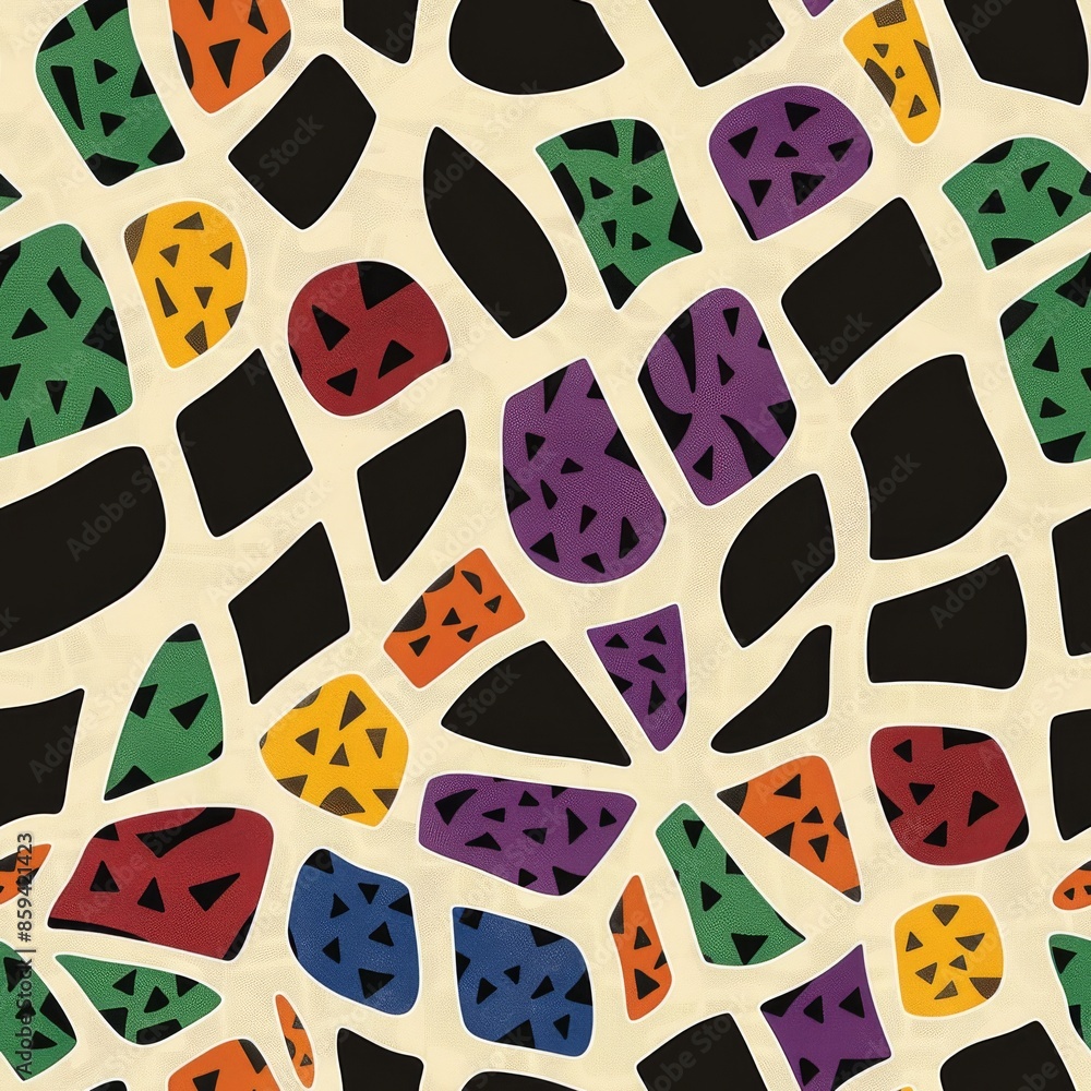 Poster vivid abstract mosaic pattern with geometric shapes, featuring a playful mix of colors and intricate