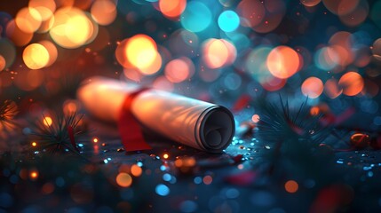 A gently blurred environment illuminated by radiant, multicolored bokeh lights, with a detailed close-up of a diploma scroll. conveys a sense of accomplishment and celebration.