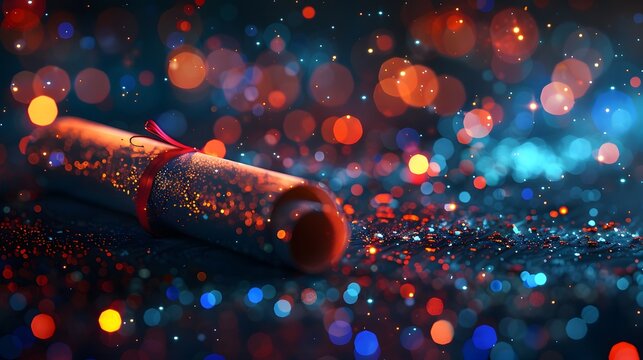 A gently blurred environment illuminated by radiant, multicolored bokeh lights, with a detailed close-up of a diploma scroll. conveys a sense of accomplishment and celebration.