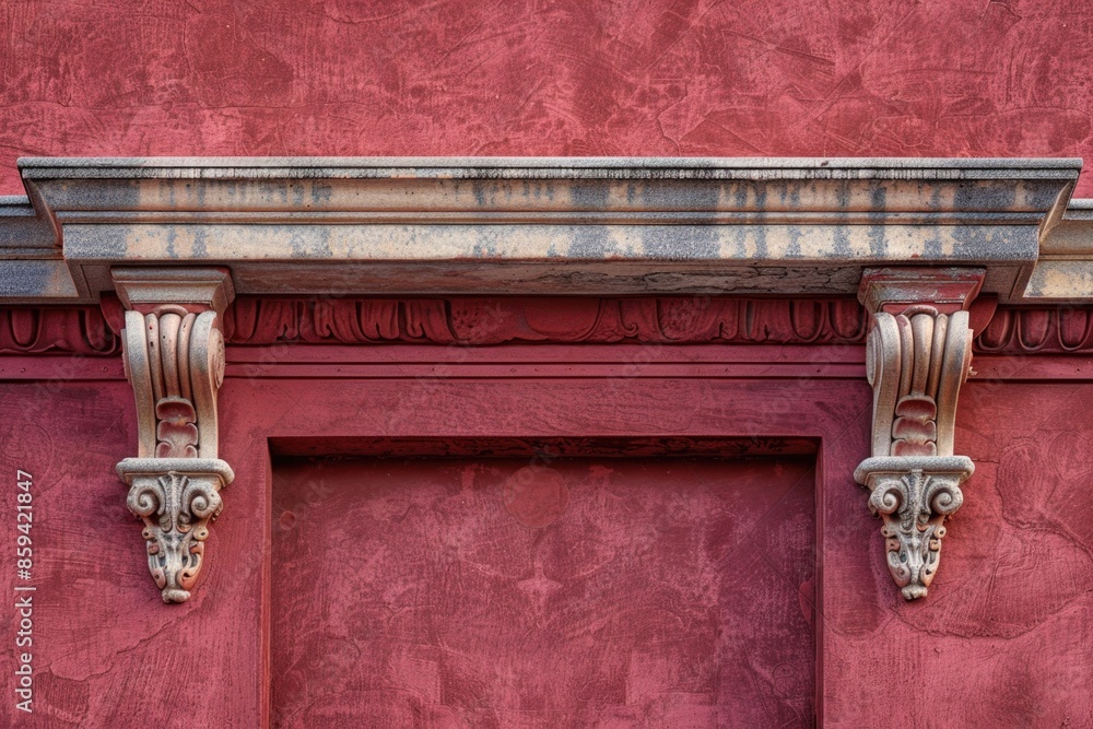 Poster a detailed view of a structure with a distinctive red exterior