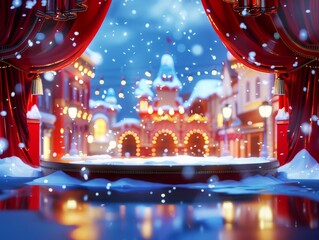 Medium shot of theater stage with red curtains, themed background.