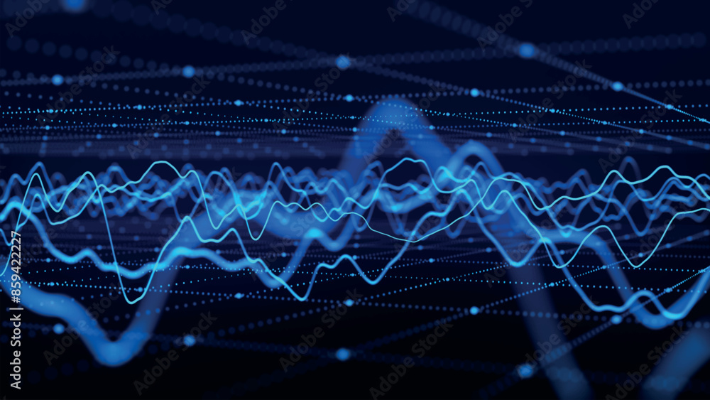Poster wave of particles. futuristic pattern of dots and lines on a dark background. visualization of sound