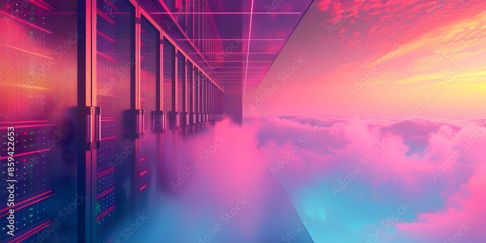 Poster moving servers to a cloud data center for cloud migration and data transfer. concept cloud migration