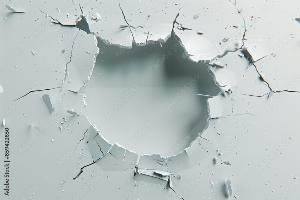 Poster a hole in a wall that has been smashed open, revealing the inner structure of the building